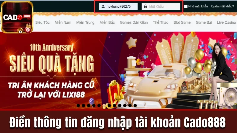 Điền thông tin đăng nhập tài khoản Cado888