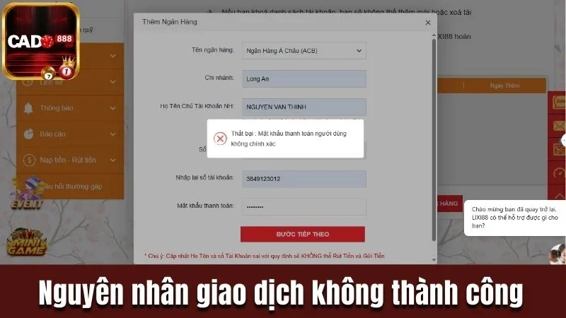 Một số nguyên nhân khiến giao dịch trên Cado888 không thành công